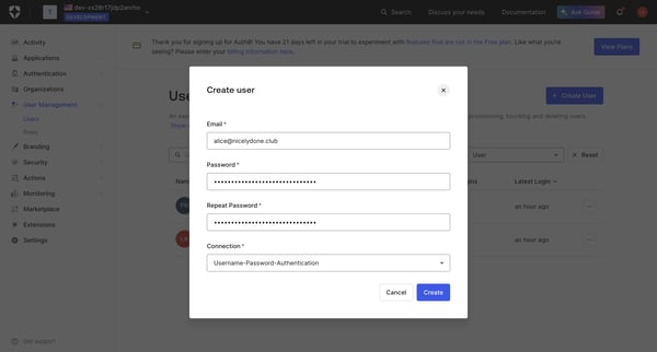 Users screen