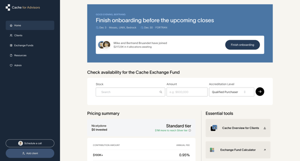 Cache – Client dashboard | Cache for Advisors screen