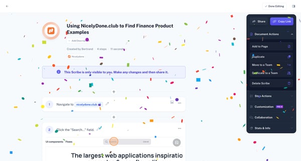 Using NicelyDone.club to Find Finance Product Examples | Scribe screen