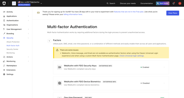 Multifactor Authentication screen