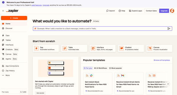 Home | Zapier screen