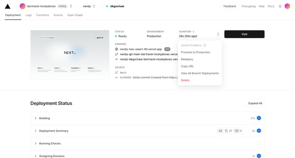 nextjs – Deployment Overview screen