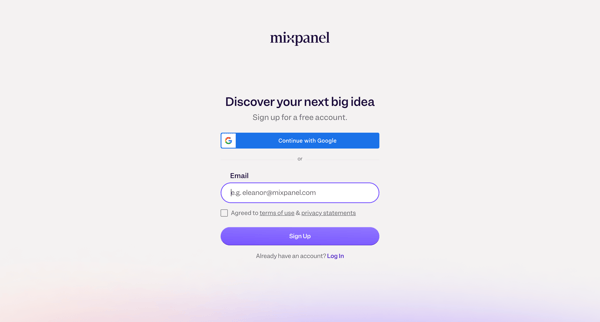 Sign up - Mixpanel: Product Analytics for Mobile, Web, & More screen