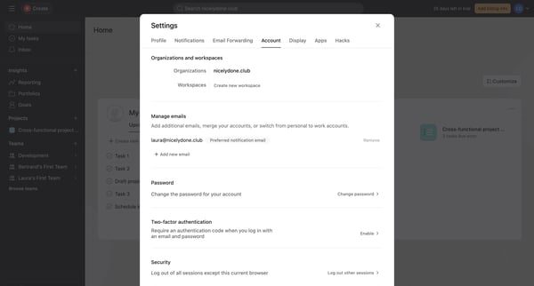 Home - Asana screen