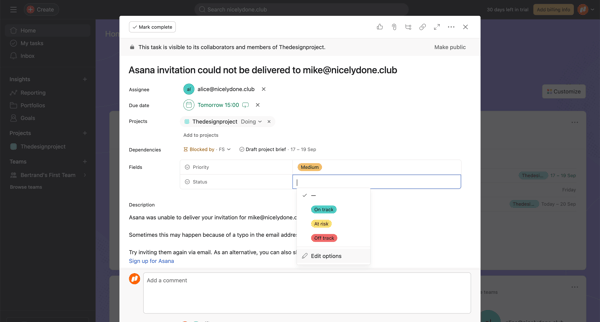 Home - Asana invitation could not be delivered to mike@nicelydone screen