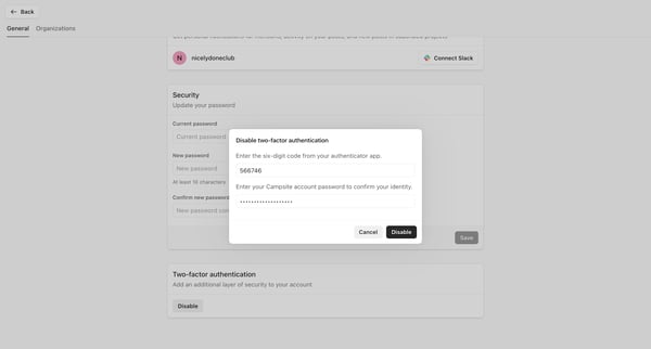 Account settings screen