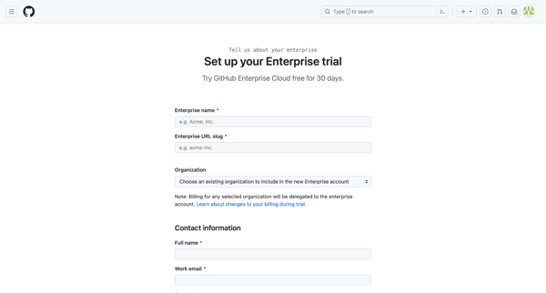 Set up your GitHub Enterprise Cloud trial screen