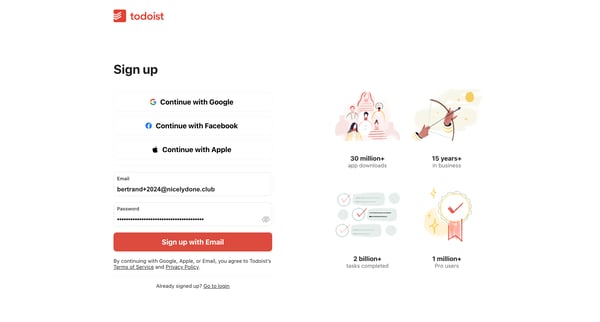 Sign up for a free Todoist account screen