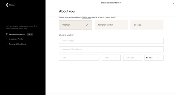Cache – Brokerage account signup screen