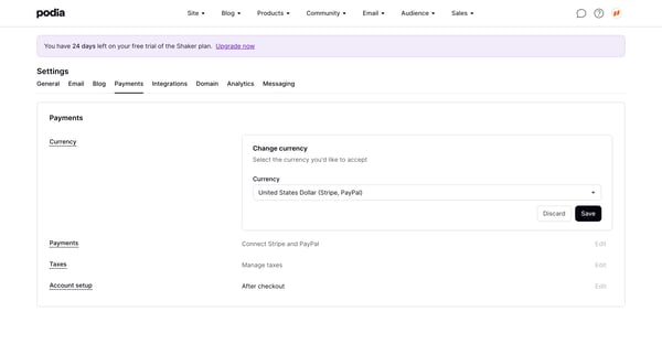 Podia Payment settings screen