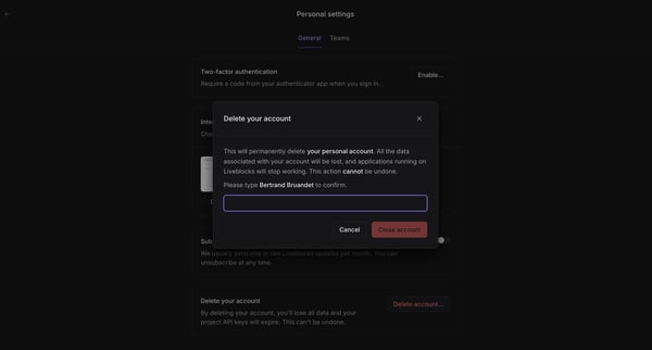 Personal settings | Liveblocks screen