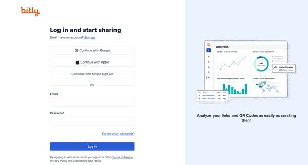 Log in to the Bitly Connections Platform screen