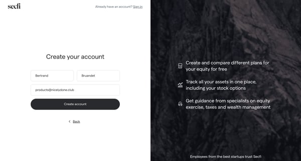 Create your account | Secfi screen