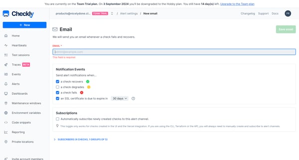 Alerts | new channel screen