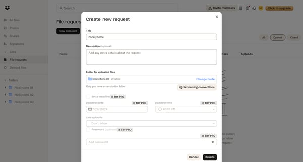 File requests - Dropbox screen