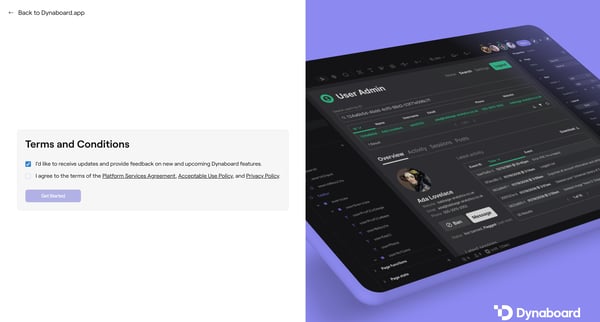 Terms of Service • Dynaboard screen