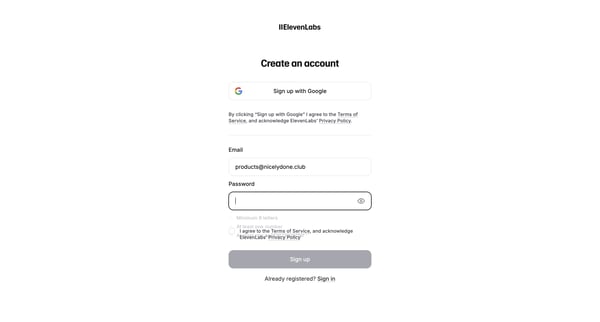 Sign Up | ElevenLabs screen