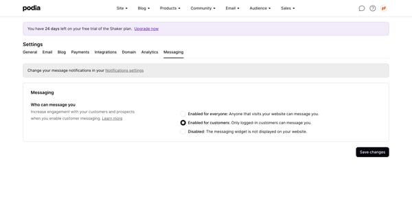 Podia Messaging settings from Podia