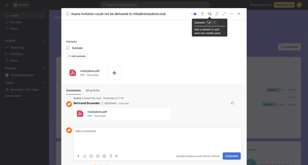 Home - Asana invitation could not be delivered to mike@nicelydone screen