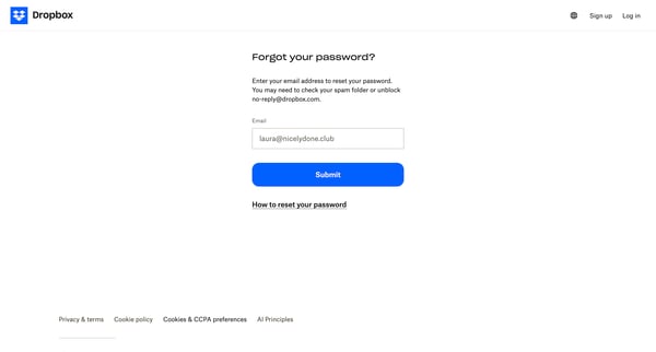 Dropbox - Reset your password screen