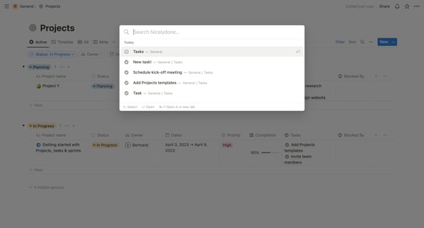 Projects | Active screen