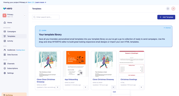 Templates screen