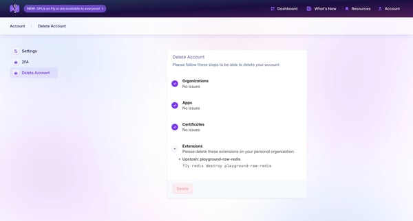Delete Account · Fly screen