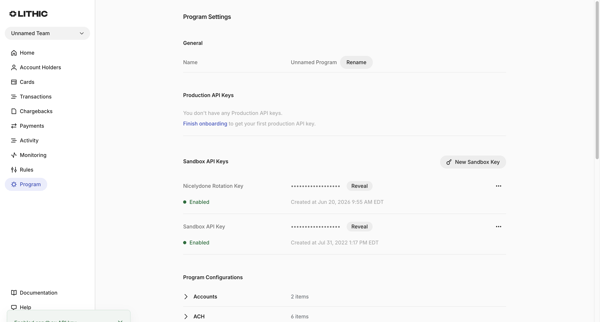 Lithic - Program Settings screen