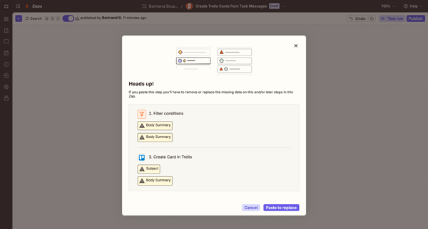 Create Trello Cards from Task Messages | Zapier screen