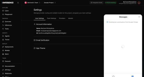 Settings | inference.net screen