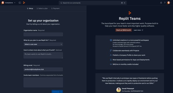 Create a Replit Teams Organization - Replit screen