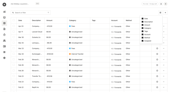 Transactions | Midday screen