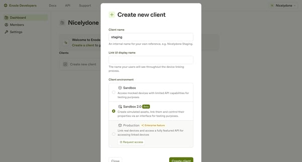 Enode Developers screen