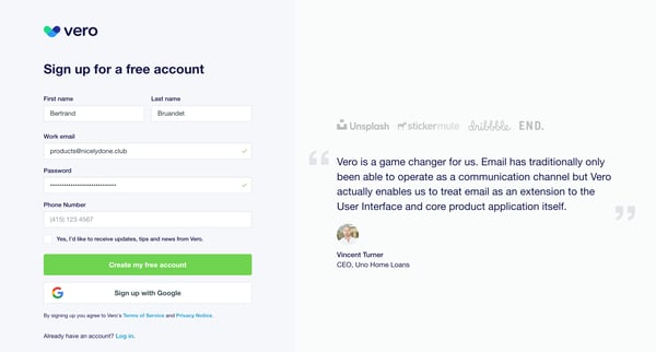 Sign up for your your email marketing account | Vero screen
