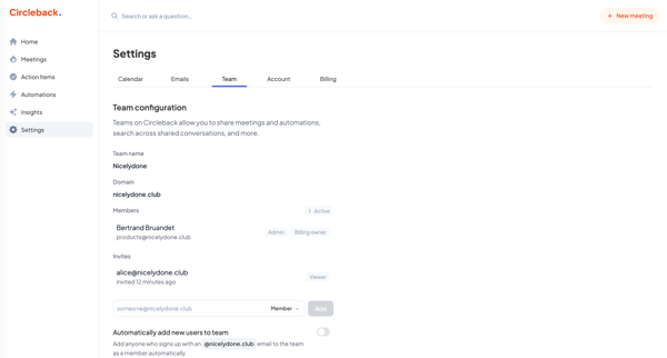 Settings - Circleback screen