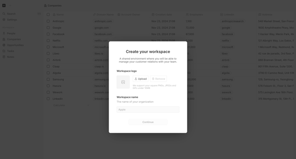 Create Workspace screen