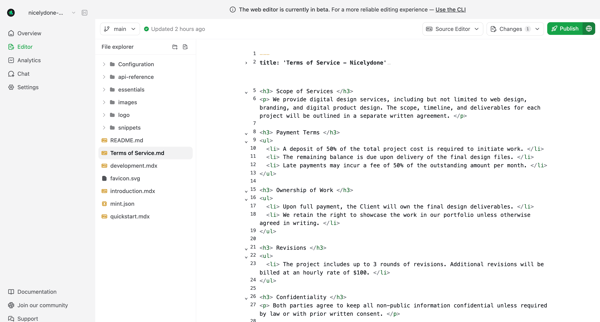 Editor - Mintlify screen