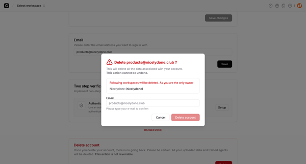 Account - Chatbase screen