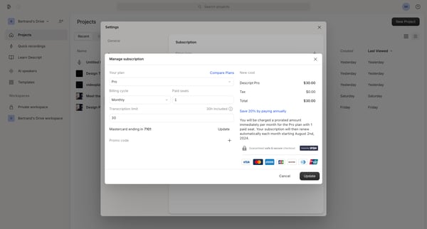 Subscription | Descript screen