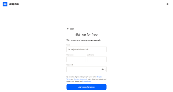 Register - Dropbox screen