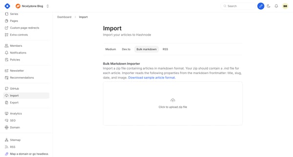 Dashboard - Import screen