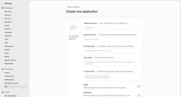 New Application screen