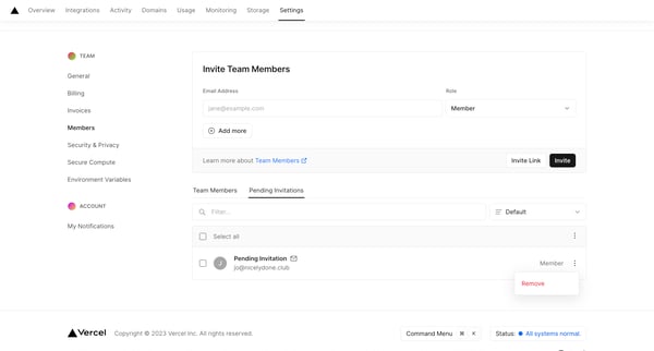 Members - Team Settings – Dashboard – Vercel screen