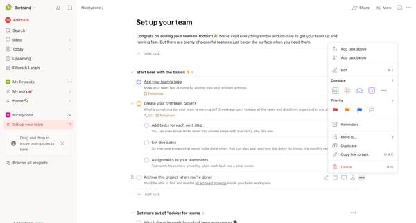 Set up your team – Todoist screen