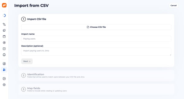 Import CSV · Jimo screen