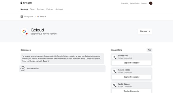 Gcloud | Twingate Admin screen