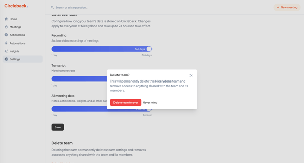 Settings - Circleback screen