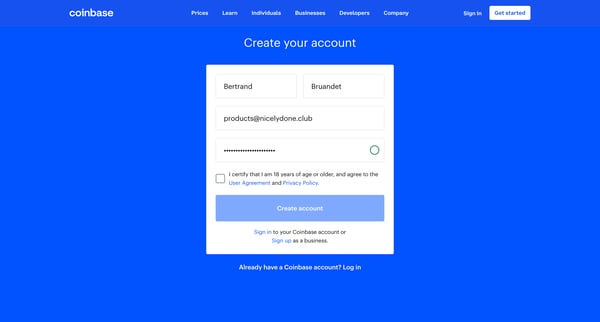 Sign Up - Coinbase screen