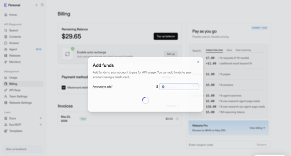 Billing | Exa API screen
