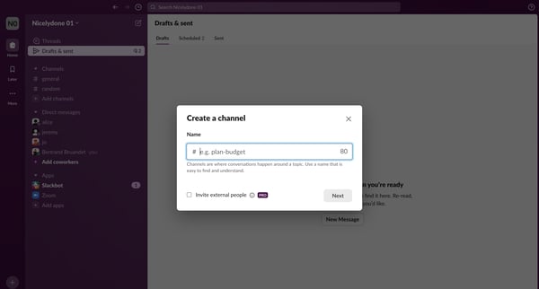 Drafts | sent - Nicelydone 01 - Slack screen
